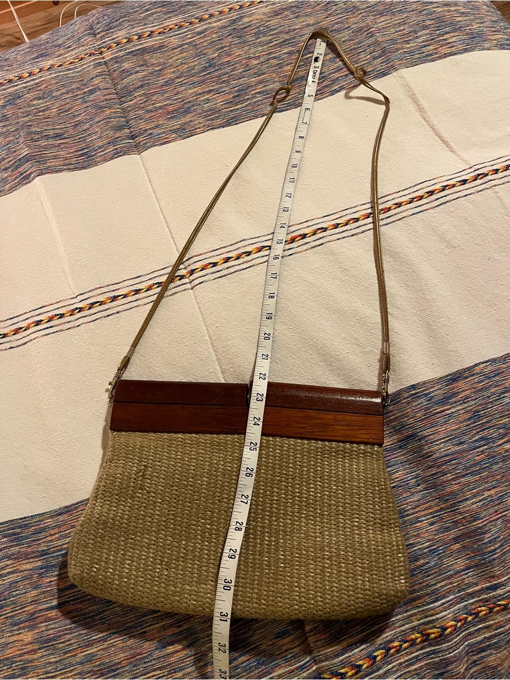 Saddle River Vintage Woven Straw Crossbody Bag with Wood Trim